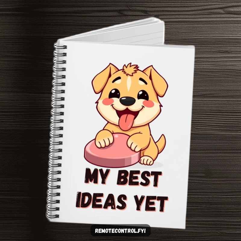 Funny notebook cover with a happy dog, tongue out, enthusiastically pressing a large button, inspiring energetic note-taking.