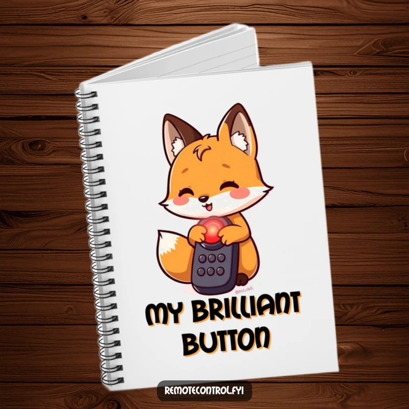 Funny fox notebook, a playful fox character is about to press a bright red glowing button on a remote, inspiring bold ideas.