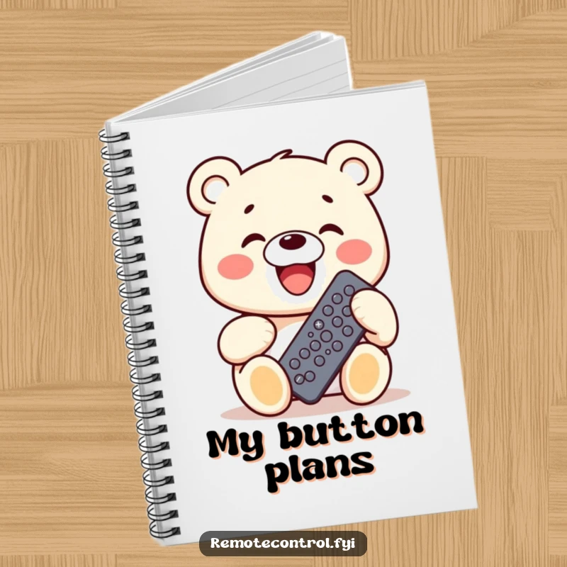 Funny Kawaii Bear Notebook cover depicting a grinning bear holding a remote control with many buttons, perfect for note-taking.