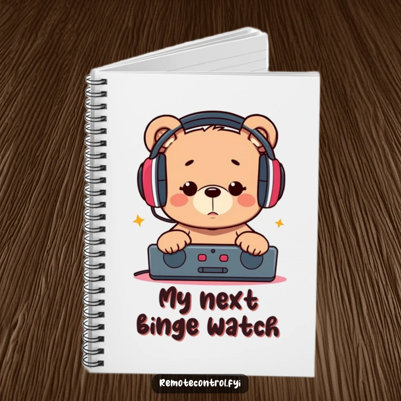 Funny notebook cover with a bear wearing headphones, looking seriously at a remote, inspiring focused and humorous note-taking.