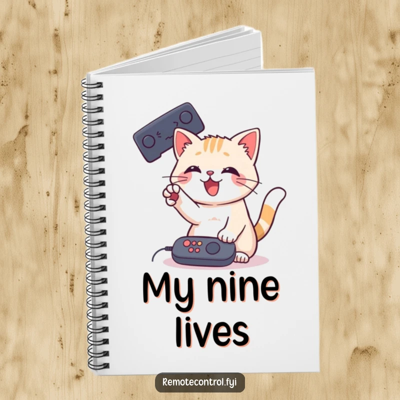 Funny Cat Remote Notebook featuring a playful cat batting at a remote control with its paw, ideal for note-taking.