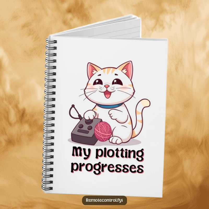 Funny cat notebook featuring a proud cat using a remote control to guide a bouncing yarn ball.
