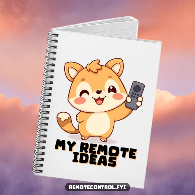Funny notebook with a smiling animal character pointing a remote control, symbolizing humorous ideas and productive, fun note-taking.