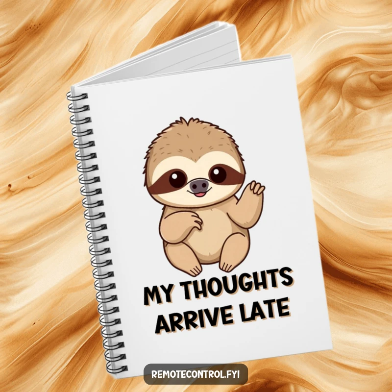 Funny content sloth slowly pushing a button with a single finger, on the cover of a humorous notebook.