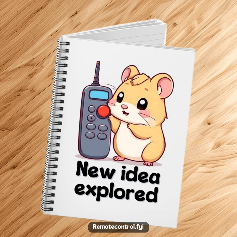 Funny hamster notebook with a curious hamster poking a remote control button, ideal for jotting down funny ideas.