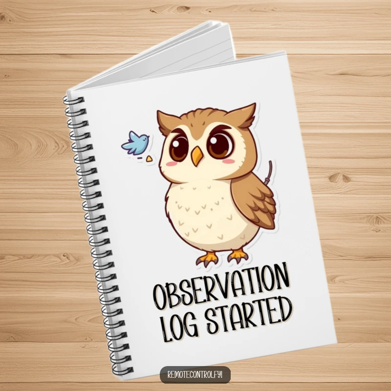 Funny notebook featuring a surprised owl with a remote, looking at a flying symbol, perfect for jotting down ideas.