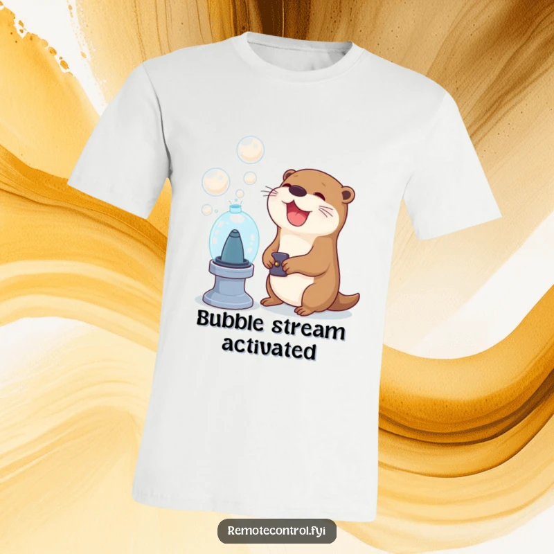 Funny otter character joyfully pressing a remote button to activate a bubble machine on a t-shirt, illustrating a hilarious moment of bubbly amusement.