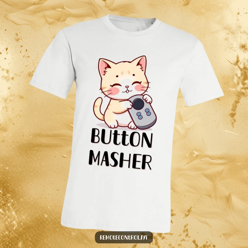 Funny Kawaii Cat T-Shirt: A playful cat batting its paw at a button on a remote control, embodying feline curiosity.
