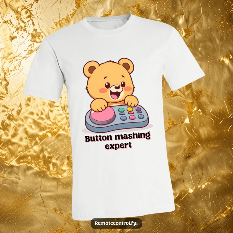 Funny bear cub t-shirt, a happy cub excitedly mashing a giant colorful button on a remote, conveying pure joy and mischief.
