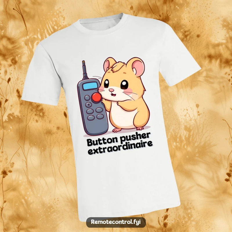 Funny hamster t-shirt with a curious hamster nose-poking a button on a remote control, a humorous exploration graphic.