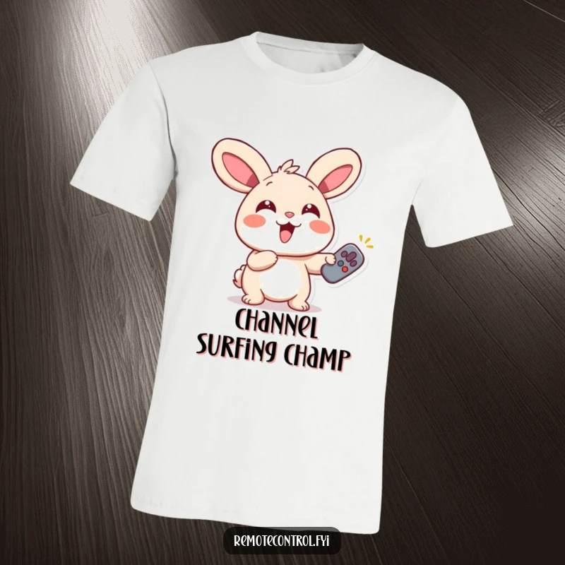 Funny Rabbit Remote T-Shirt showcasing a giggling rabbit with wide eyes, enthusiastically pointing a remote, radiating fun.