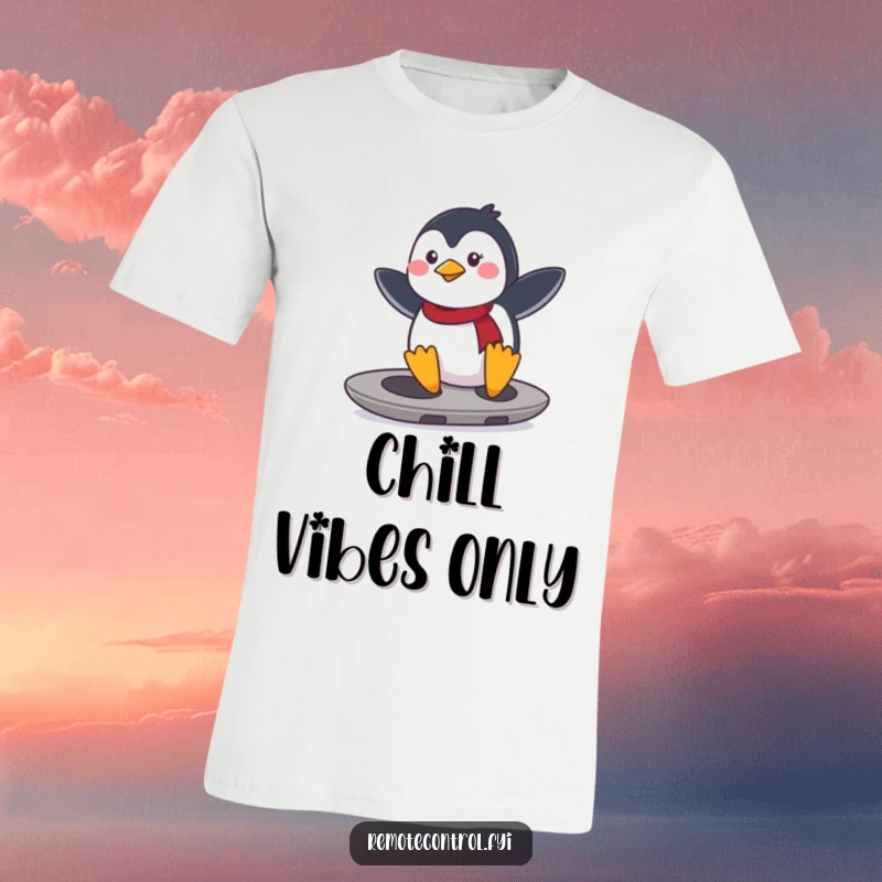 Funny determined penguin surfing on a remote control like a surfboard. Dynamic funny t-shirt design.