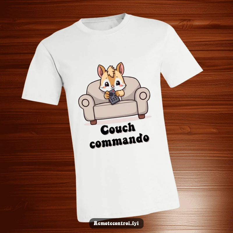 Funny t-shirt depicting a mischievous squirrel hiding behind a couch, peeking out with a remote, ready to binge-watch.