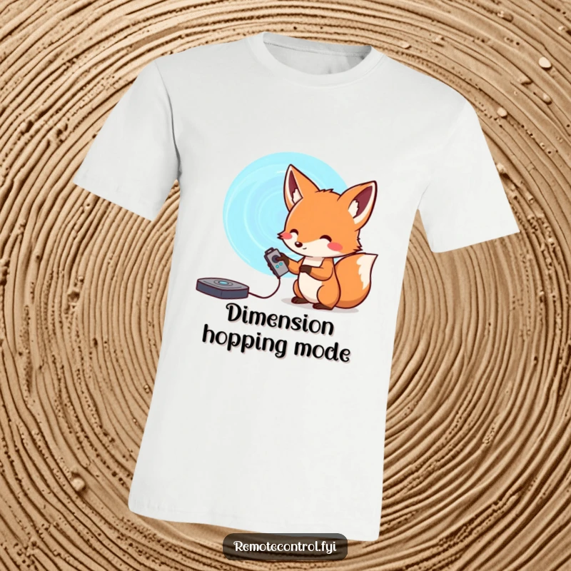 Funny fox t-shirt showing a curious fox holding a remote, aiming it at a mystical swirling portal, perfect for explorers.