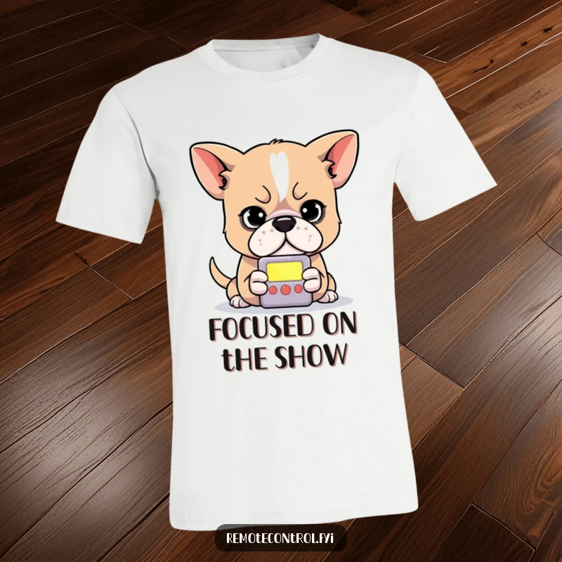 Funny dog t-shirt featuring a determined dog with intense focus on a small, illuminated remote control screen.