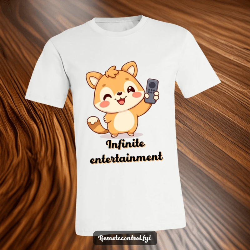 Funny t-shirt featuring a smiling animal character joyfully pointing a remote control, signaling ultimate relaxation and entertainment mastery.