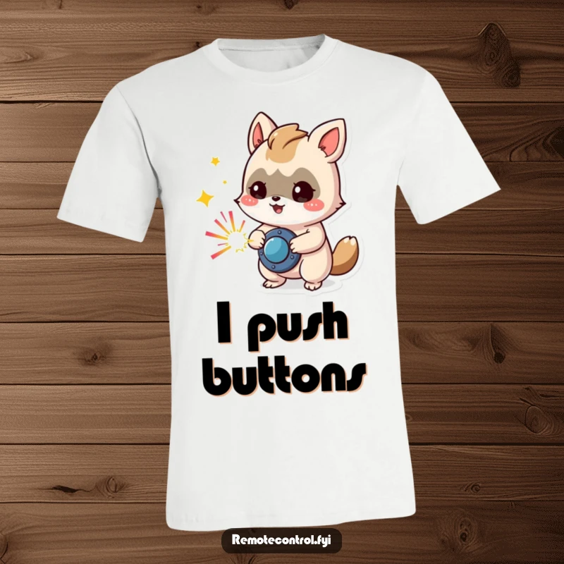 Funny t-shirt depicting a mischievous animal character activating a button that bursts into colorful sparks, radiating playful energy.