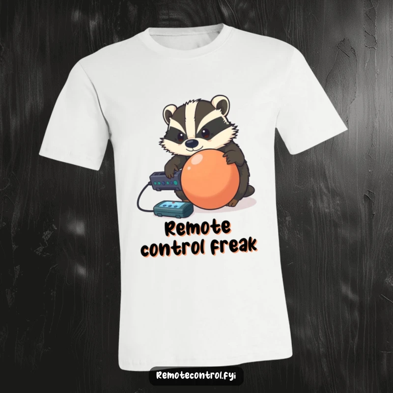 Funny determined badger attempting to control a rolling ball with a remote, printed on a humorous t-shirt.