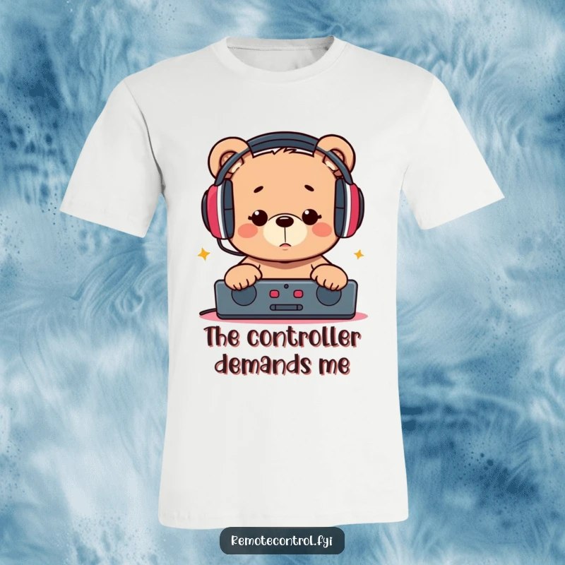 Funny t-shirt of a happy bear sporting oversized headphones, intently studying a remote control, ready for entertainment overload.