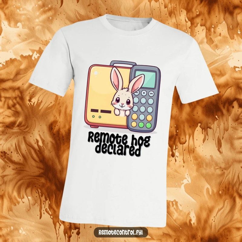 Funny T-shirt featuring a curious bunny peeking from behind a giant, colorful remote control, highlighting tech and animal humor.