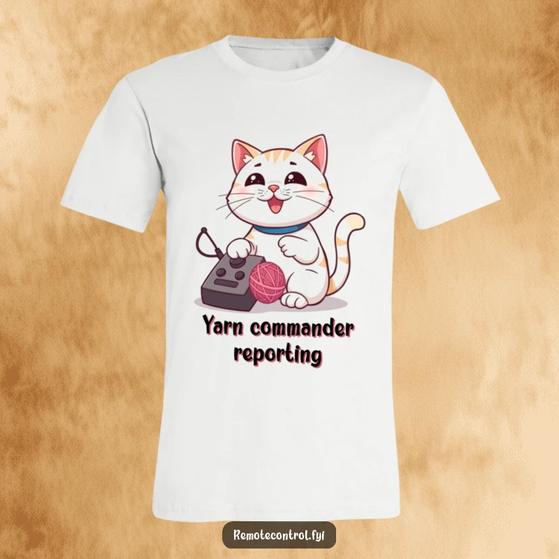 Funny cat t-shirt featuring a proud cat using a remote control to command a bouncing yarn ball.