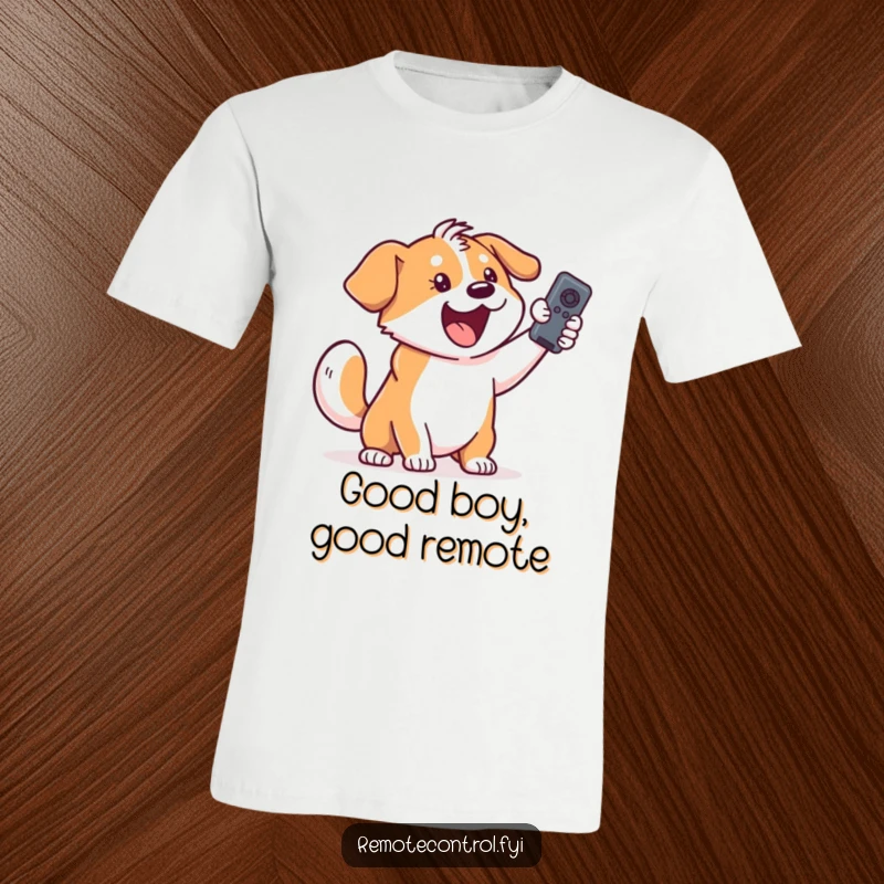 Funny dog t-shirt design: an overjoyed dog with a wagging tail holds a remote control high.