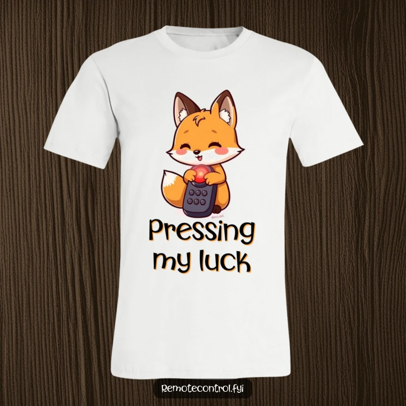 Funny fox t-shirt, a cunning fox character leans forward to press a vivid, illuminated red button on a futuristic remote.
