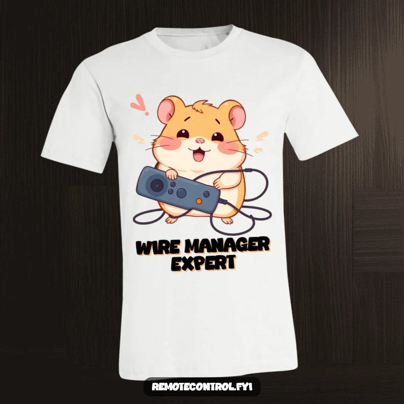 Funny t-shirt with a silly hamster tangled in wires, holding a remote with a happy sigh, celebrating tech mishaps.