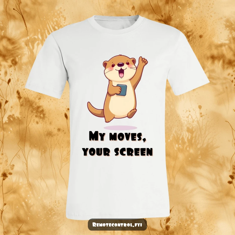 Funny t-shirt with a jumping otter holding a remote, directing a virtual character to dance, perfect for party lovers.