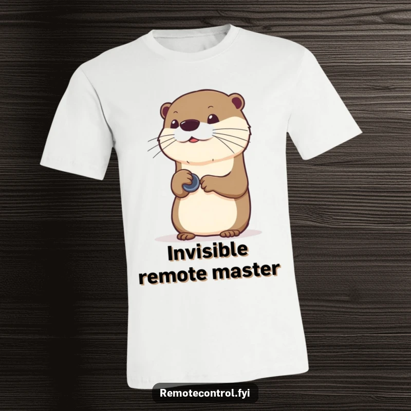 Funny curious otter mimicking pressing buttons on an invisible remote, printed on a humorous t-shirt.