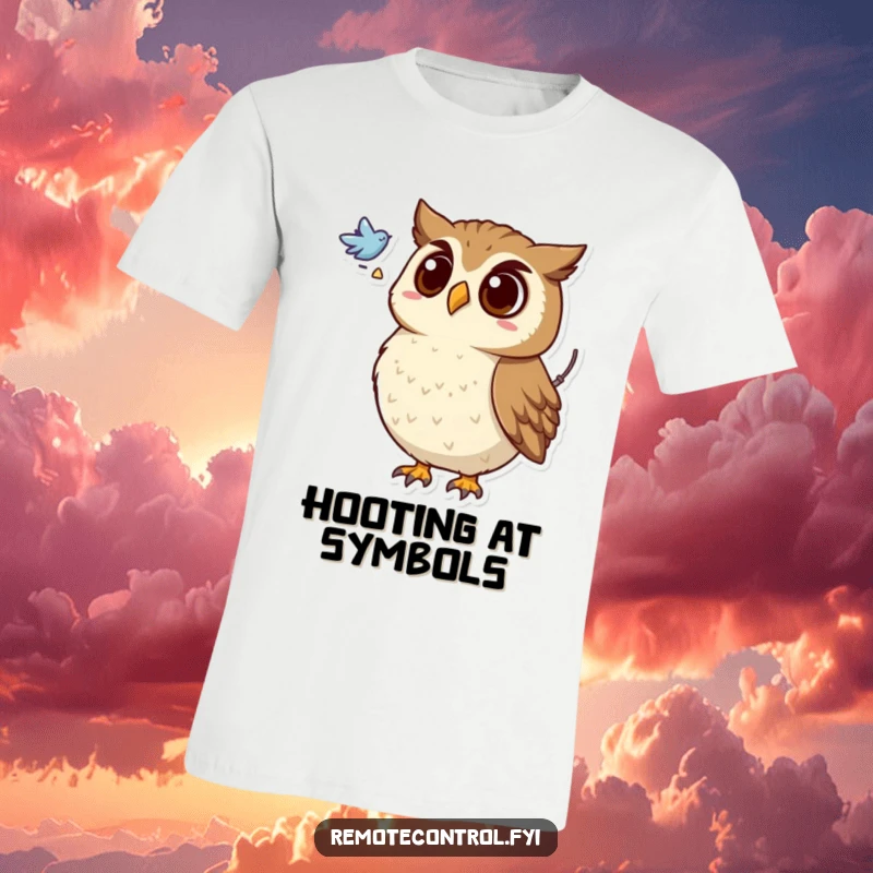 Funny t-shirt with a surprised owl holding a remote, looking at a mysterious flying symbol, evoking curiosity and wonder.