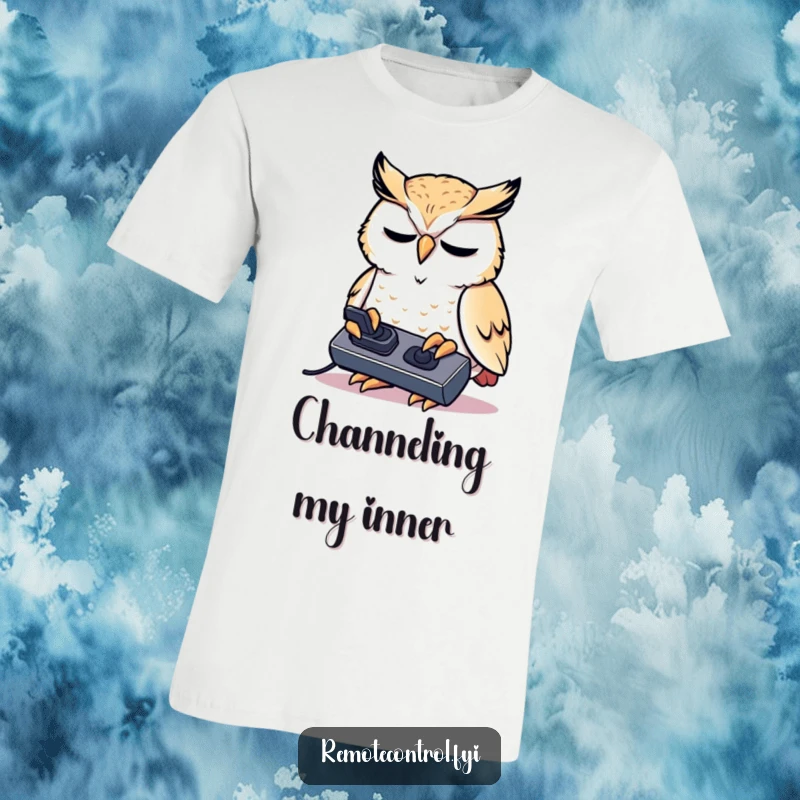 Funny kawaii owl concentrating intensely on a remote control on a t-shirt.