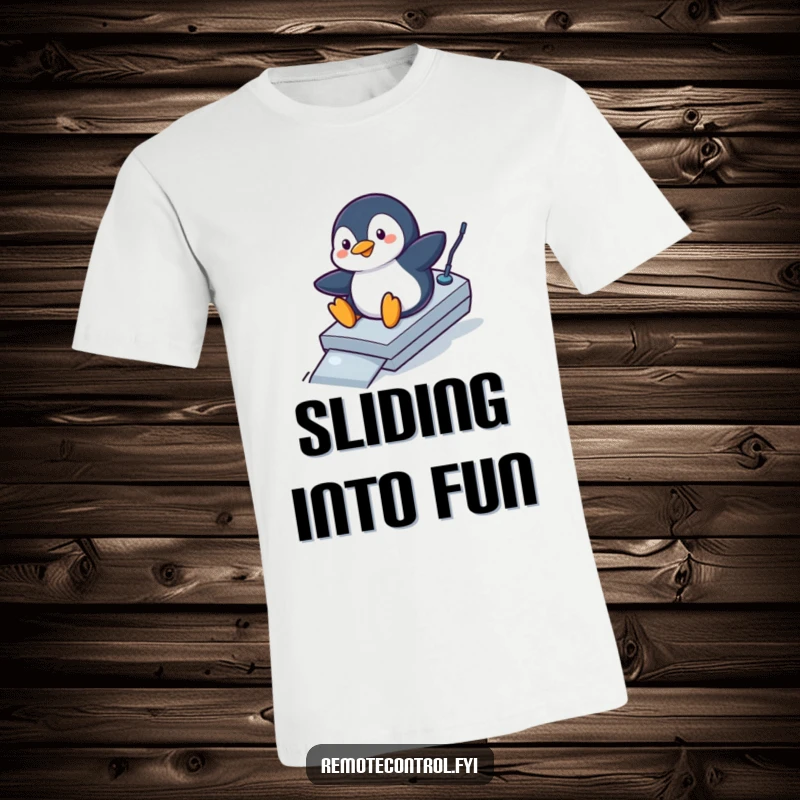 Funny penguin t-shirt with a playful penguin sliding down a remote control like a ramp, a hilarious action graphic.