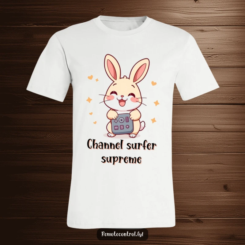 Funny rabbit t-shirt, a cheerful rabbit with great energy pressing many buttons on a remote, conveying excitement.
