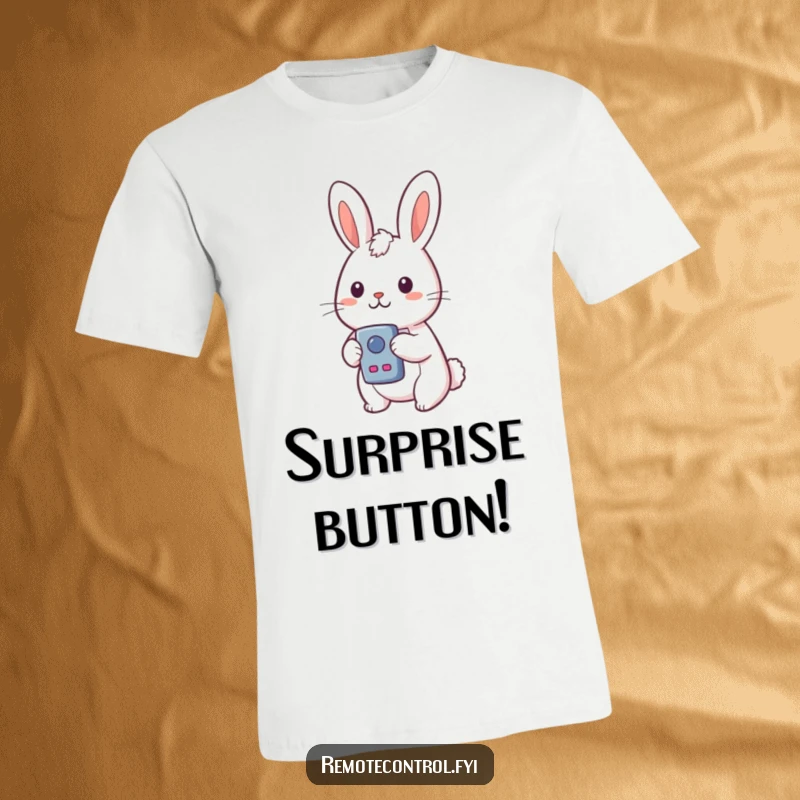Funny Kawaii Rabbit T-Shirt: A rabbit looking utterly surprised while holding a remote control, reacting to a button.
