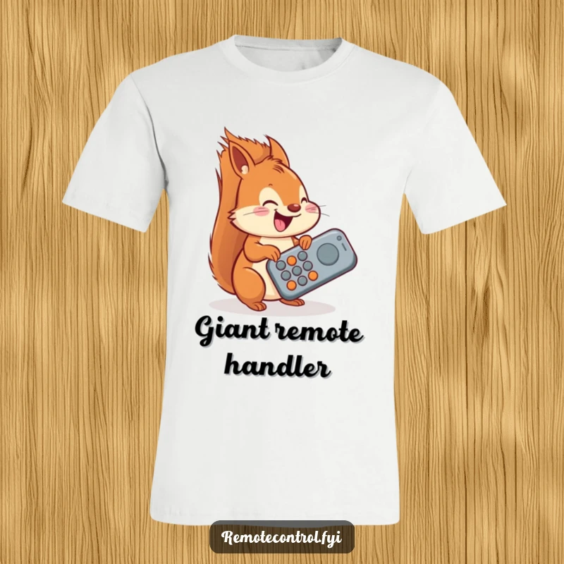 Funny squirrel t-shirt, a delighted squirrel attempting to use a massive oversized remote, conveying comical effort.