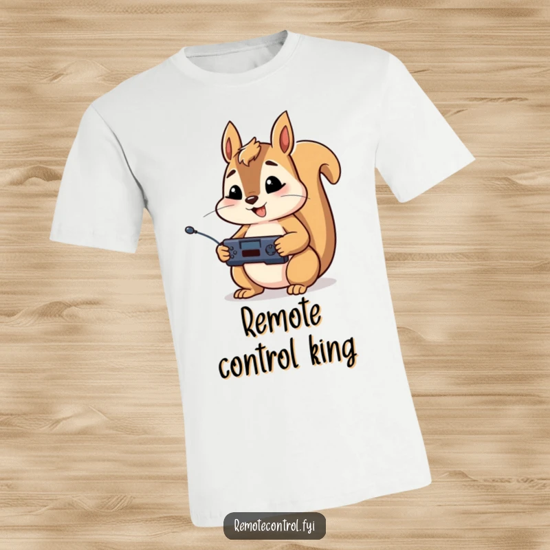 Funny t-shirt with a happy squirrel character gripping a remote control tightly in both paws, eyes locked on screen.