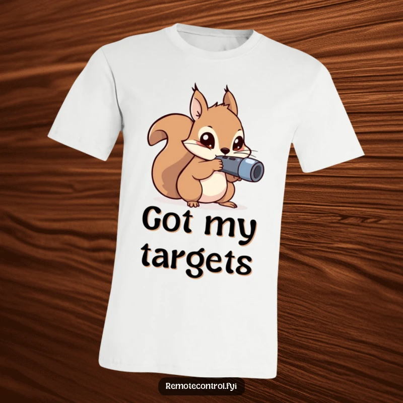 Funny kawaii squirrel with mischievous eyes aiming a remote control on a t-shirt.