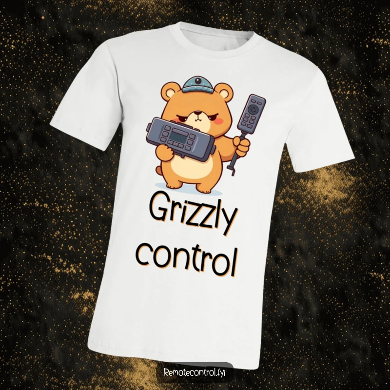 Funny bear character holding a giant TV remote with a very serious expression on a t-shirt, illustrating a comical determination for channel control.