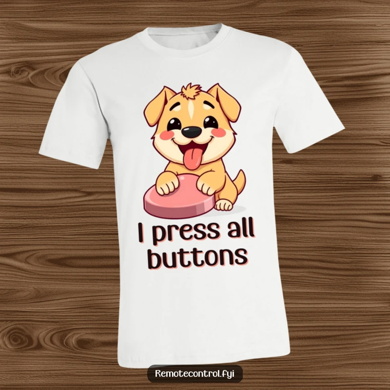 Funny t-shirt showing a joyful dog with its tongue out, eagerly pressing a giant button with infectious, happy energy.