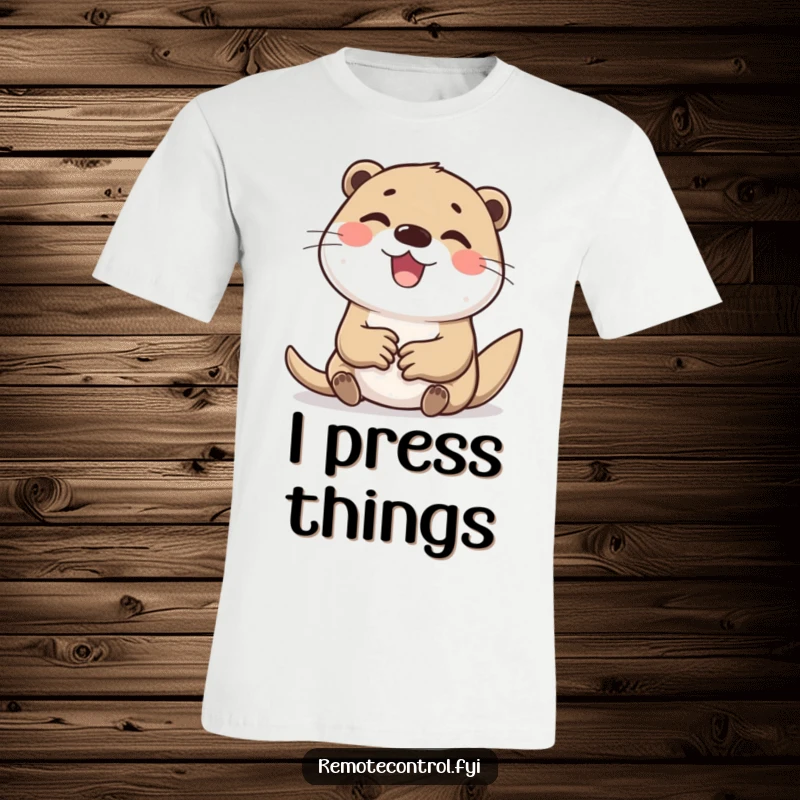 Funny t-shirt showcasing a cheerful otter character, eyes wide with delight, furiously tapping away at computer keyboard buttons.