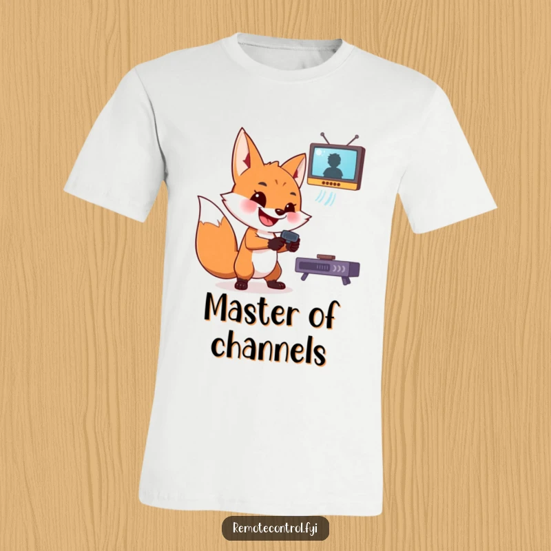 Funny fox t-shirt design: a grinning fox mischievously aims a remote at a hovering TV screen.