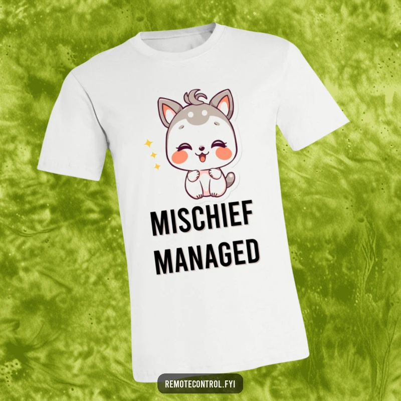 Funny t-shirt depicting a giggling animal character with mischievous joy, caught in the act of rapidly changing TV channels.