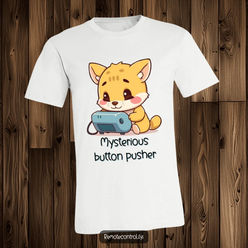 Funny t-shirt depicting a curious animal character meticulously examining a remote control, full of intrigue and a desire to explore.