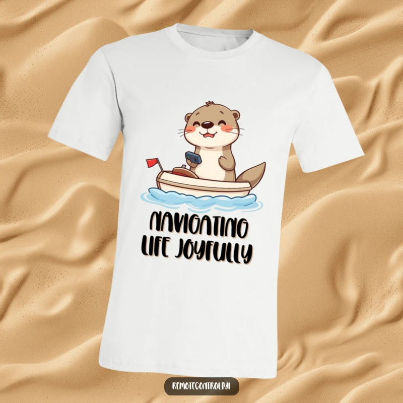 Funny otter t-shirt with a joyful otter using a remote to steer a toy boat, a hilarious nautical adventure graphic.