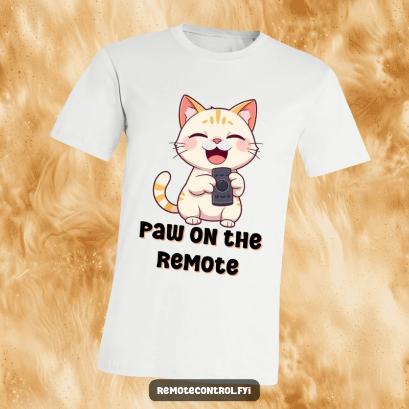 Funny t-shirt of a giggling cat character holding a remote control, pointing it playfully, embodying screen time fun.