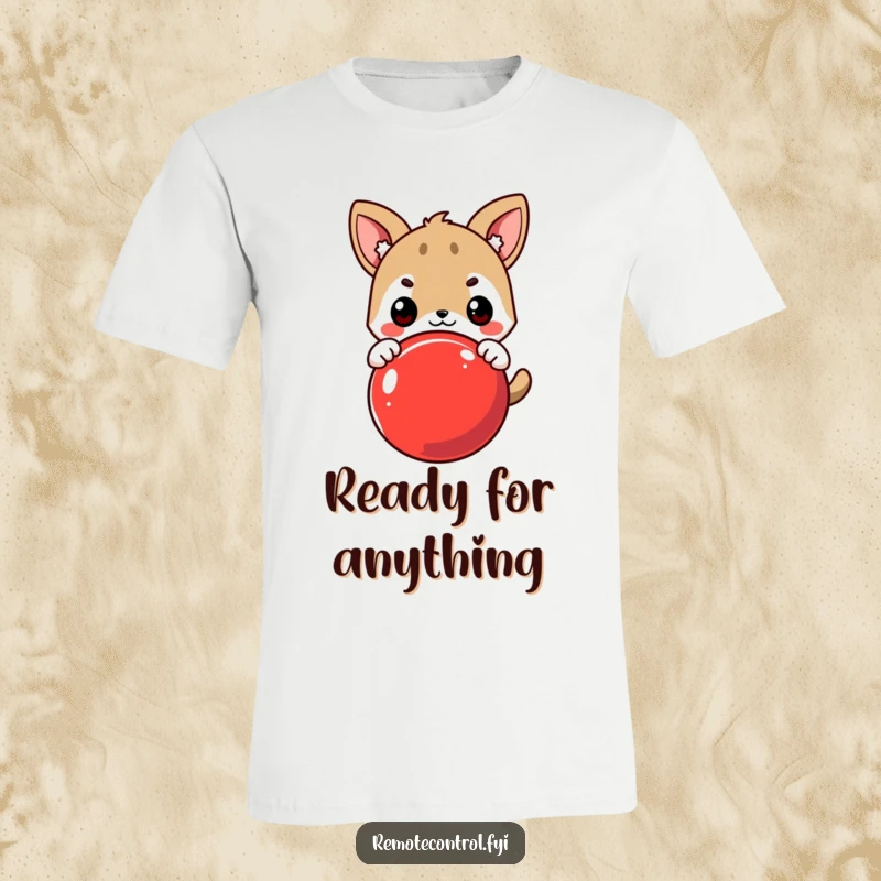 Funny T-Shirt: Cute Animal Character Eagerly Pressing a Large Red Button with Determined Expression, Ideal for Movers.
