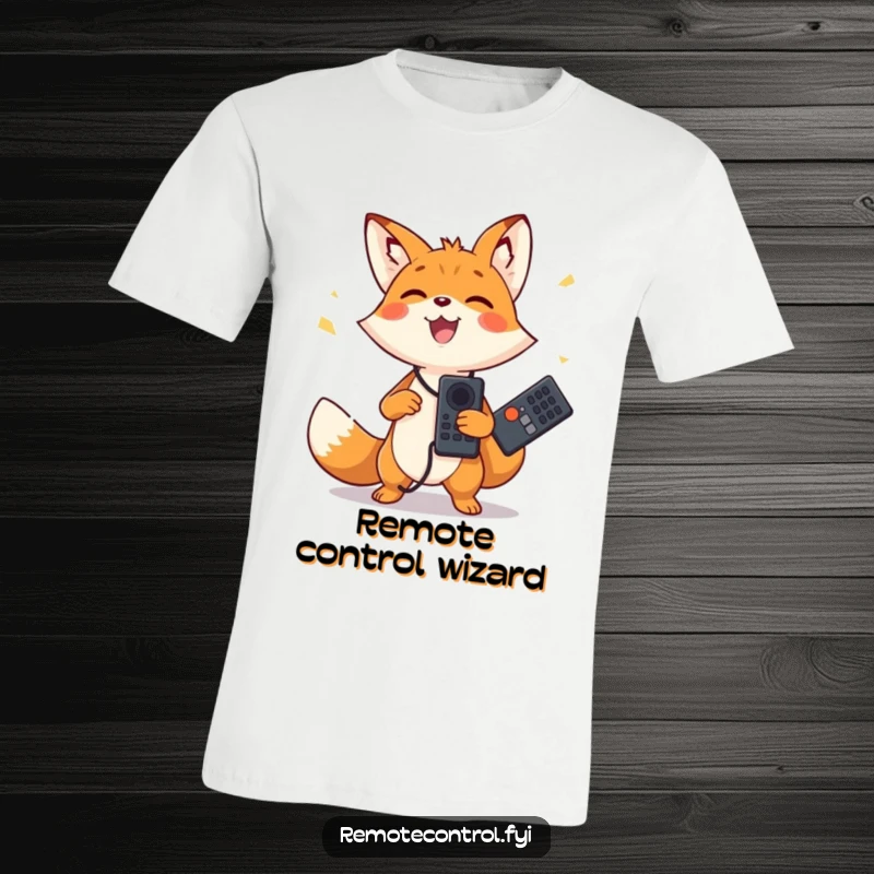 Funny t-shirt with a happy fox character joyfully juggling two remote controls. Expresses fun and skill.
