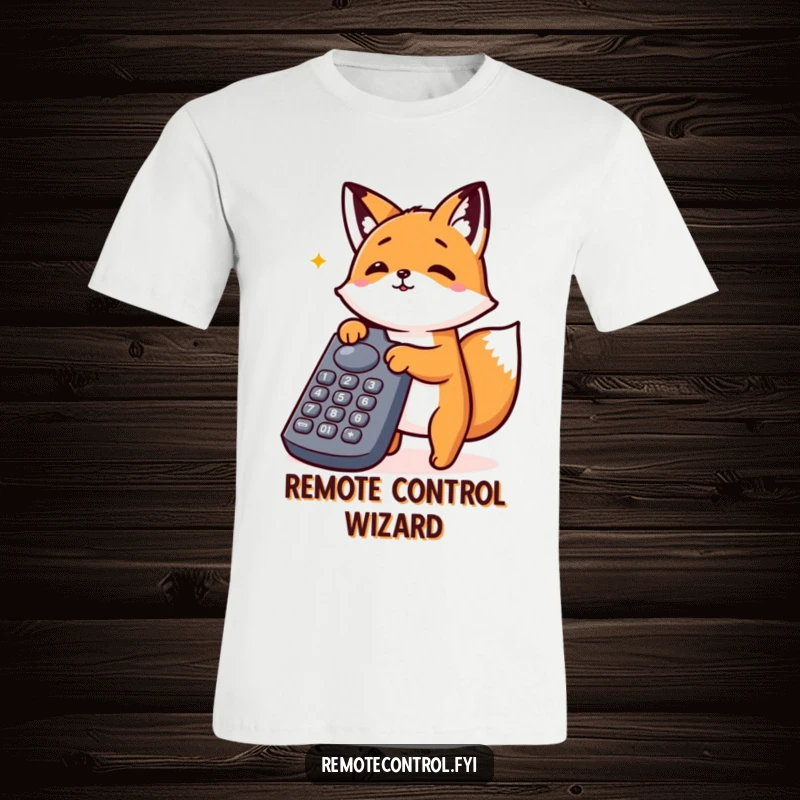 Funny Kawaii Fox T-Shirt: An excited fox energetically pressing numerous buttons on a large remote control, a tech enthusiast's dream.