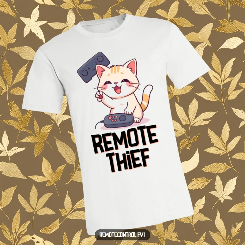 Funny Cat Remote T-Shirt featuring a playful cat batting at a remote control with its paw, bringing humor and charm.